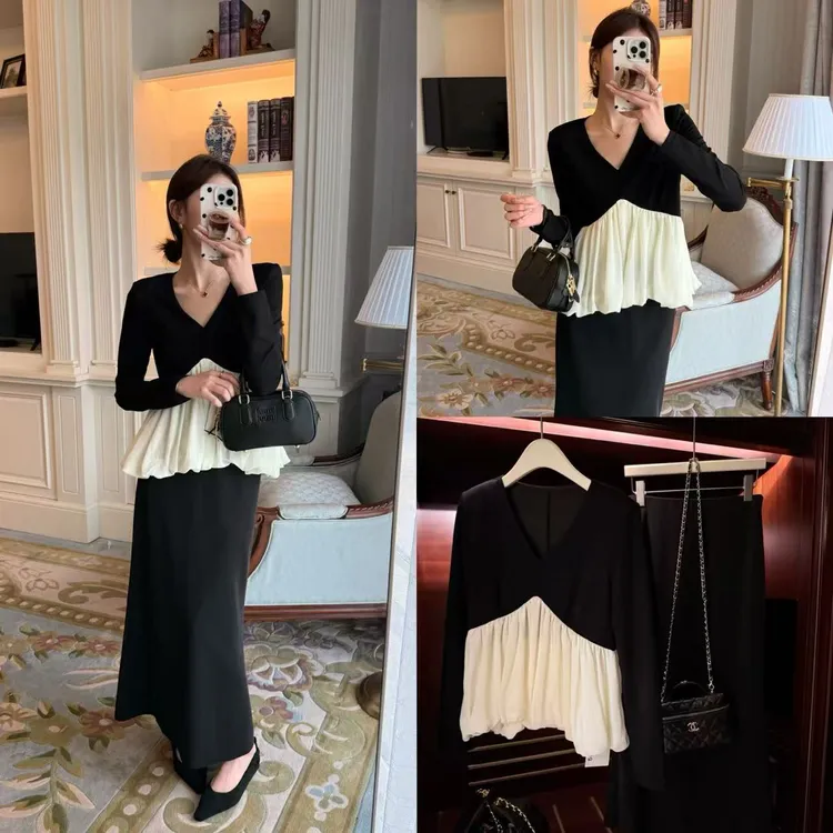 姗蔓高端定制/8505气质V领拼接褶皱上衣两件套