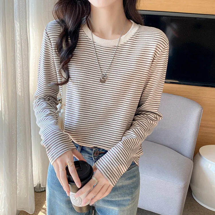 秋季经典复古细条纹长袖打底衫胖MM大码遮肚子宽松休闲女装内搭潮