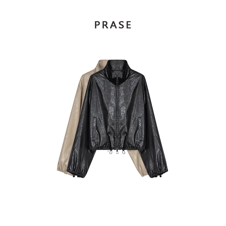 PRASE·噜【酷飒欧尼】微胖轻奢设计款春复古抽绳款皮衣外套PR502B28