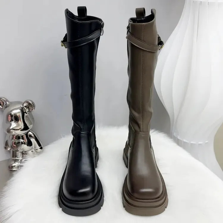 胖妹妹加肥加宽厚底高筒靴女英伦风侧拉链加绒骑士靴女弹力长靴冬