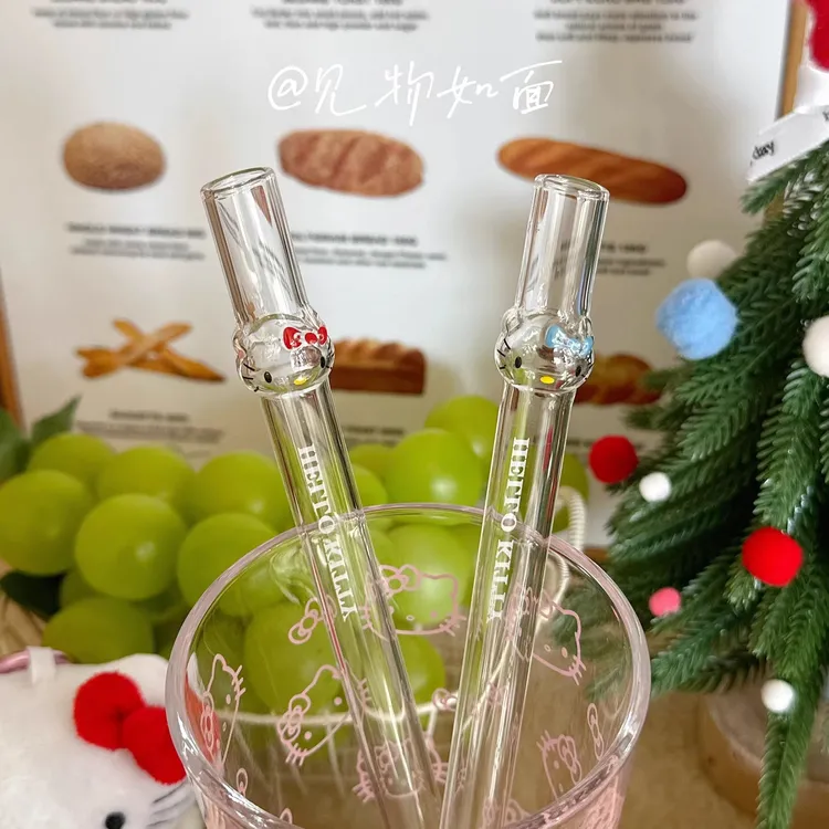 ins风立体凯蒂猫造型可爱透明玻璃吸管可重复使用奶茶果汁粗吸管