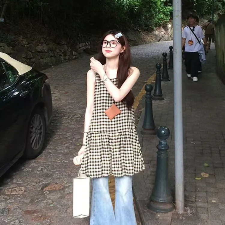 时尚格子宽吊带无袖背心裙连衣裙夏新款宽松叠穿小个子复古短裙子