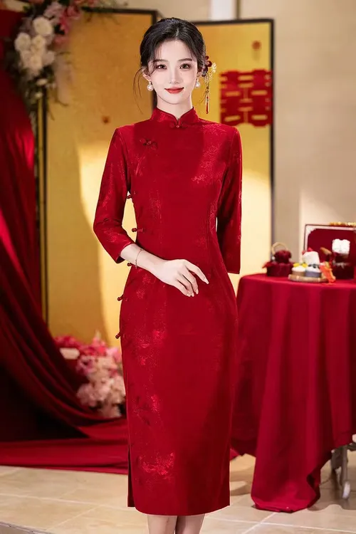 【花好月圆】2025中国风红色旗袍裙气质修身显瘦复古中长款A4
