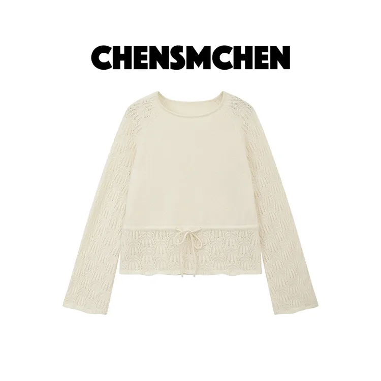 CHENSMCHEN100绵羊毛镂空圆领针织衫女时尚宽松显瘦上衣CSM7612YW