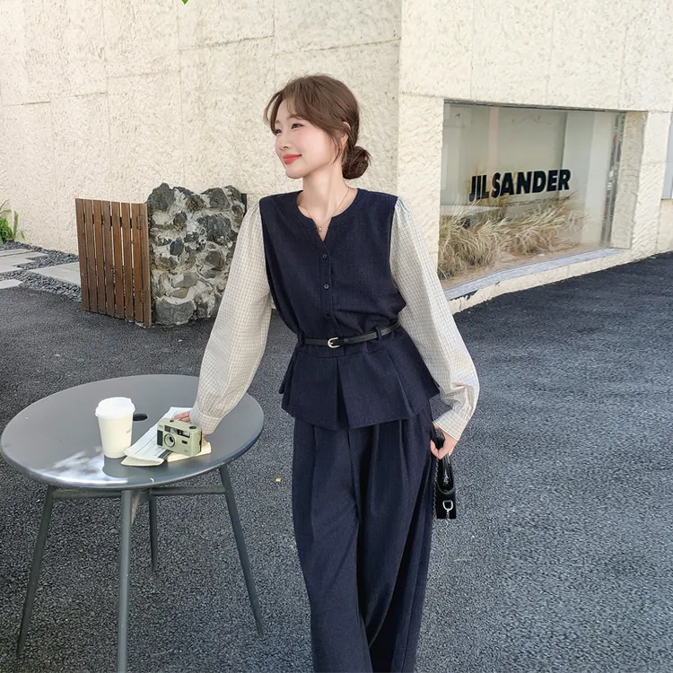 韩系简约通勤风假两件上衣阔腿裤2025春秋新款小众ins松弛感套装