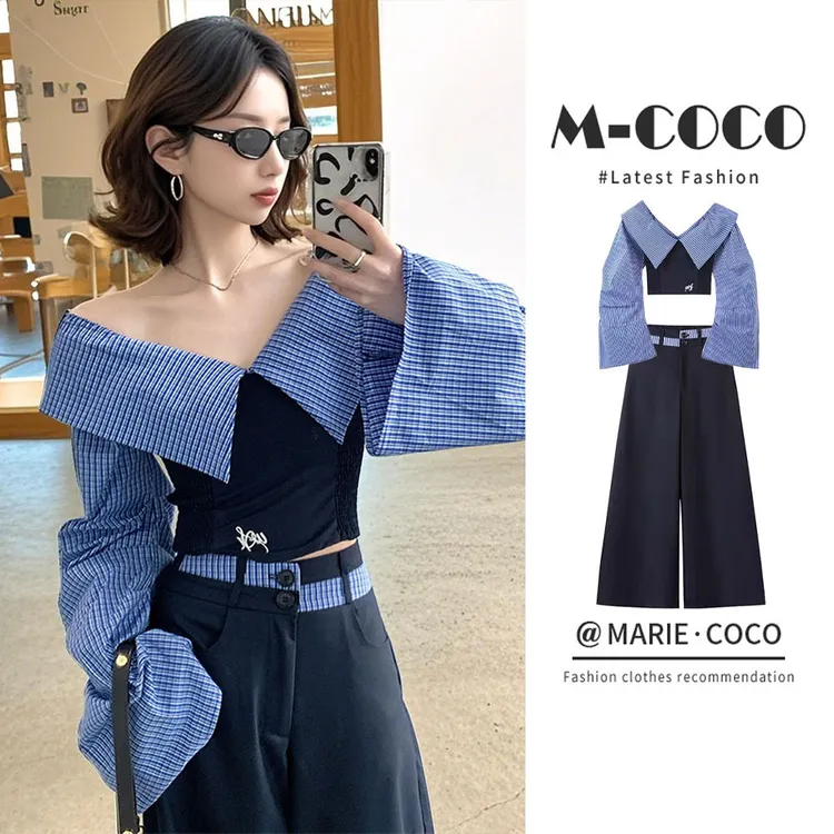 复古撞色一字肩条纹拼接长袖衬衫女春季学院风休闲气质阔腿裤套装