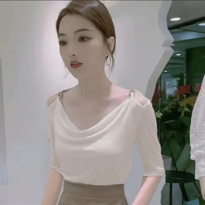 夏季冰爽丝短袖女堆堆领上衣锁骨露肩上衣女简约百搭透气T恤女