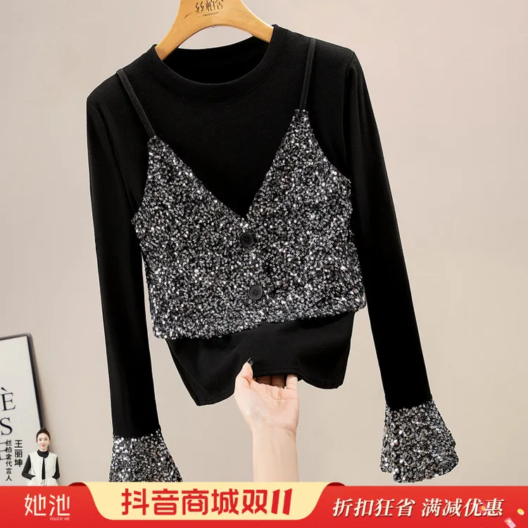 丝柏舍2025冬装新款女装薄绒亮片正肩假两件打底衫S53B4106E