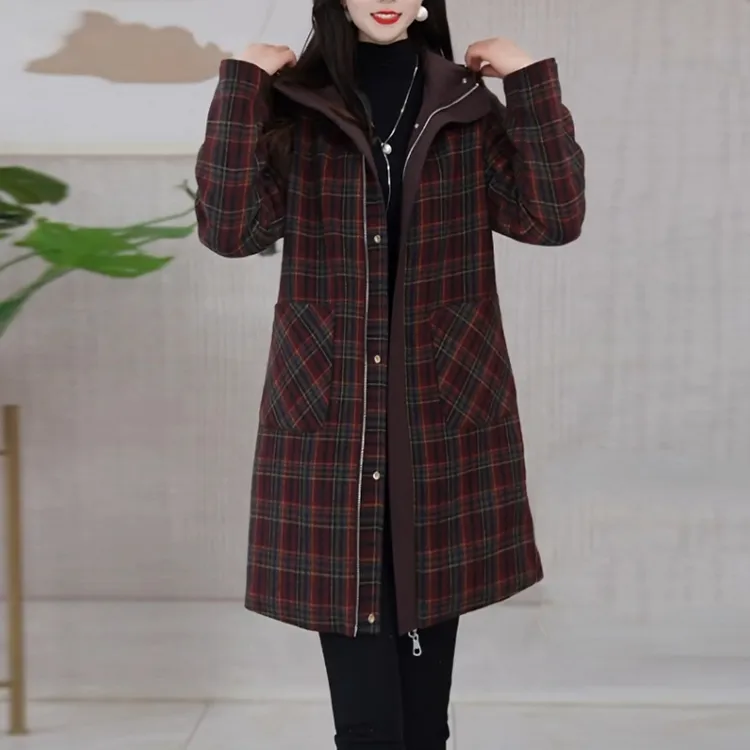 格雅绒双面穿中长款格纹棉衣2025秋冬季新高级感气质时尚棉服外套