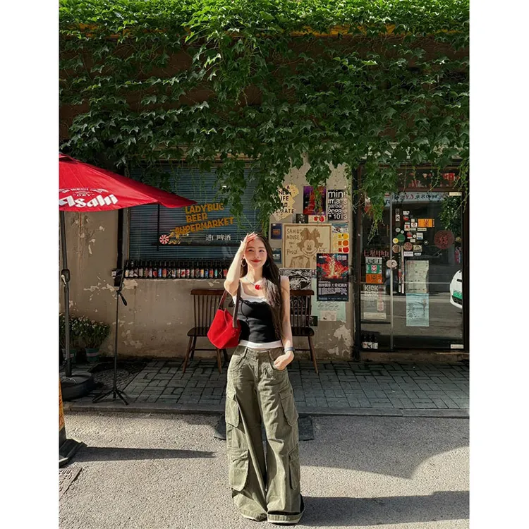 夏季新款修身显瘦纯欲假两件蕾丝吊带背心上衣休闲宽松直筒长裤女