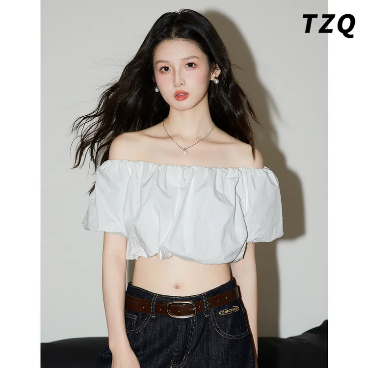 白色一字肩衬衫女夏设计高级感泡泡袖锁骨露肩短款上衣TZQ2552023