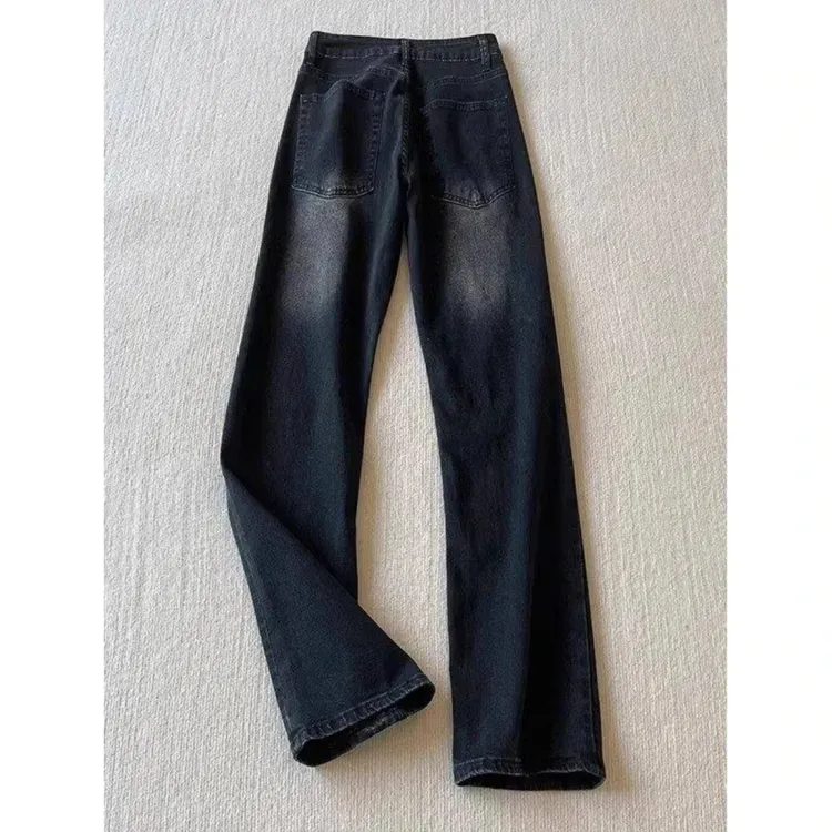 cleanfit渐变黑色牛仔裤男生美式高街vibe裤子痞帅潮牌弯刀微喇裤