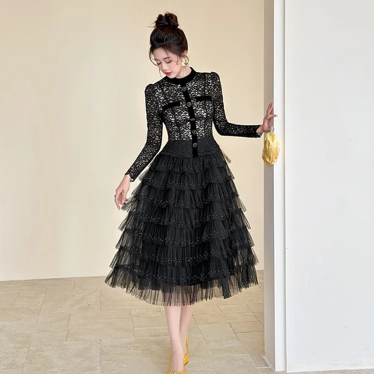 长款连衣裙女秋冬季法式气质黑色蛋糕裙蕾丝裙宴会生日晚礼服裙子