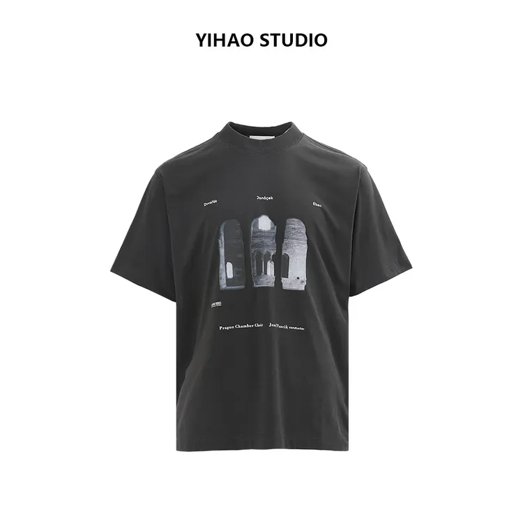 YIHAO STUDIO夏季男款城堡印花纯棉半袖T恤百搭休闲宽松圆领短袖