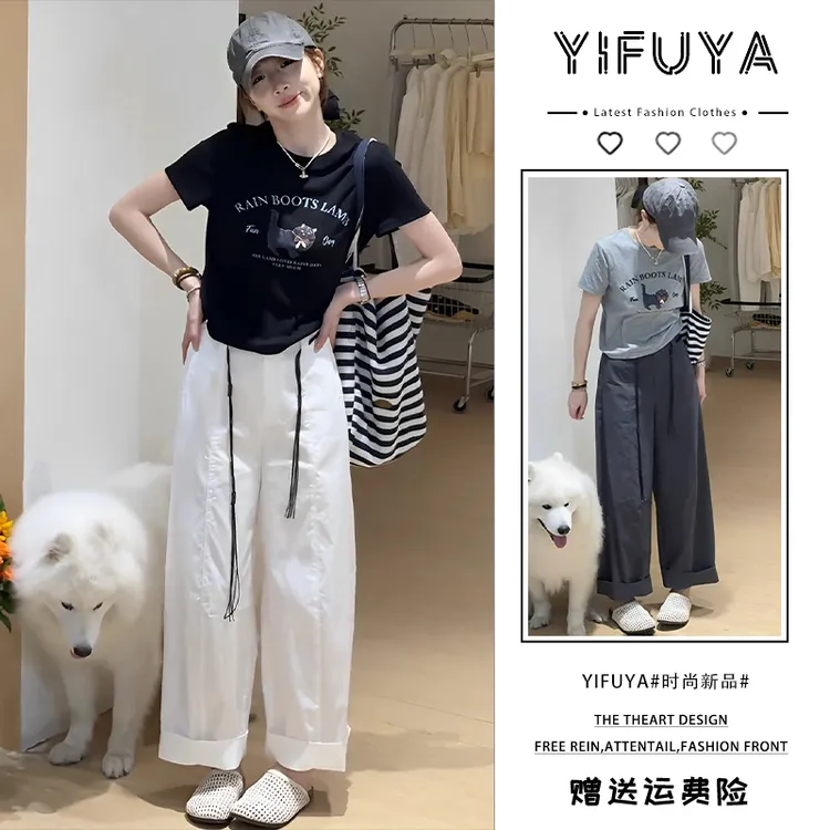 韩系穿搭一整套女夏季2025新款高级感小个子短袖T恤阔腿裤两件套