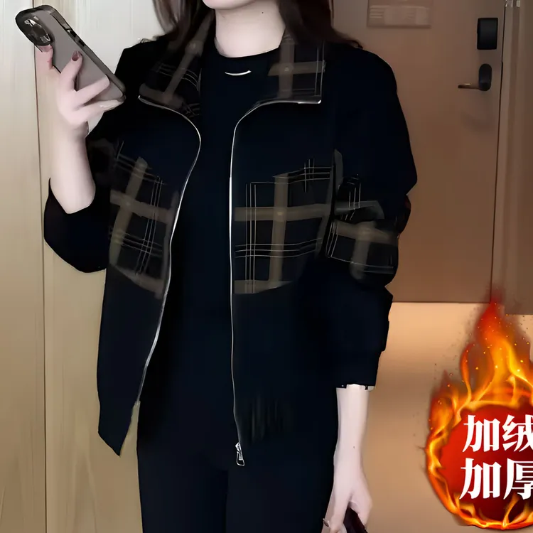 冬季新款时尚中年女加绒保暖外套气质减龄休闲拉链polo领女装