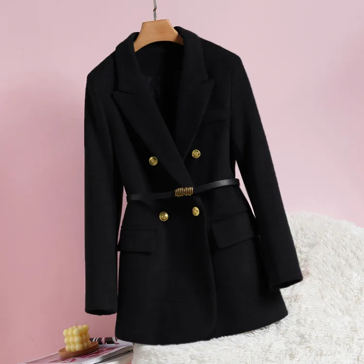 春秋百搭西装毛呢外套女双排扣显瘦黑色西服上衣【送腰带】