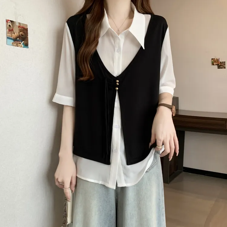 大码女装设计感宽松显瘦遮肚子衬衫夏季马甲拼接撞色假两件上衣女