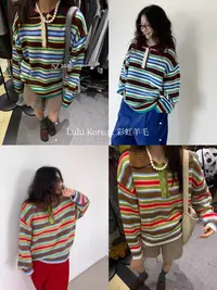 （彩虹羊毛） 2025秋冬韩国东大门代购翻领彩色条纹慵懒毛衣女2045