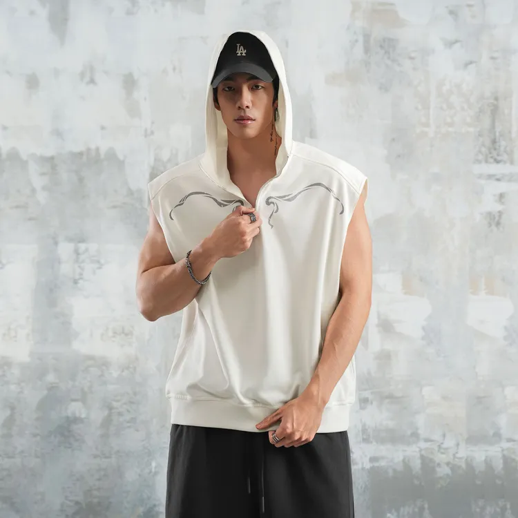 鹿家门休闲运动健身男款透气排汗无袖T宽松大码潮牌连帽男士背心