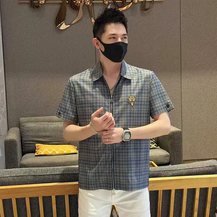 夏季短袖T恤男士高弹冰丝短袖百搭潮流时尚条纹上衣轻奢