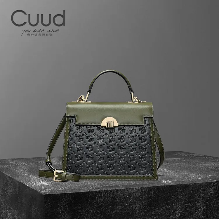 【专柜】Cuud时尚军绿色轻奢腋下牛皮手提包复古风单肩斜挎真皮女包