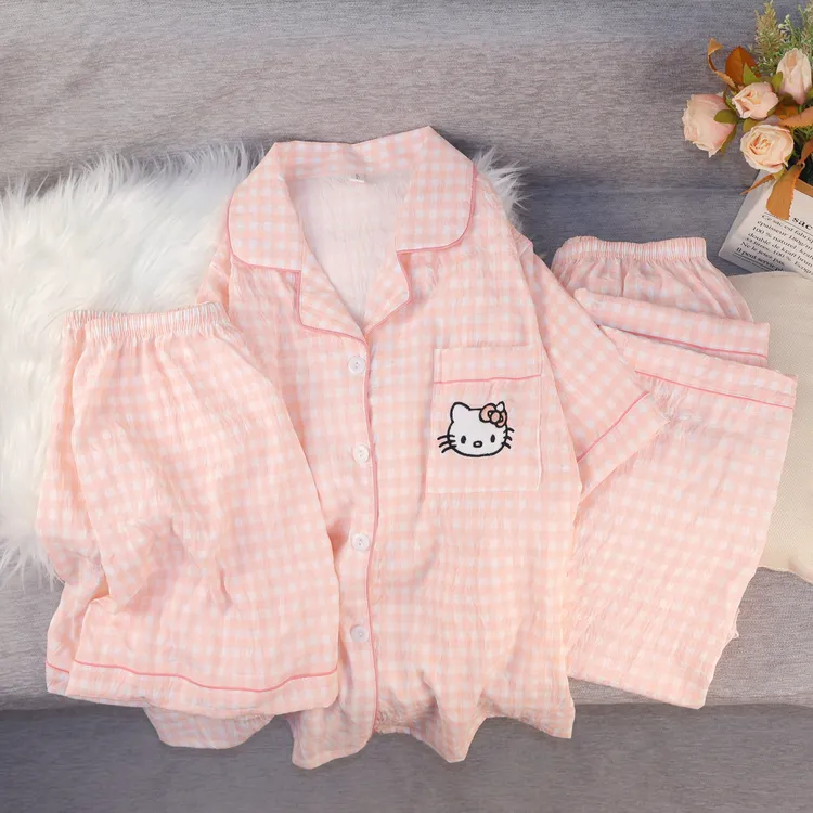 夏季女款云朵棉卡通睡衣短袖短裤长裤三件套甜美卡通家居服套装