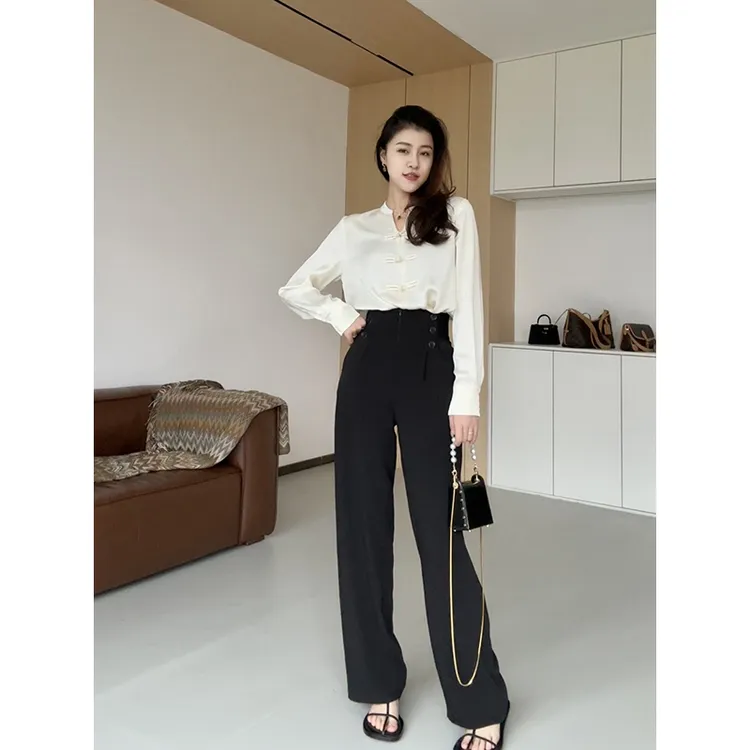 张阿星【东都国风衬衫】新中式国风盘扣V领宽松衬衫+高腰休闲裤子
