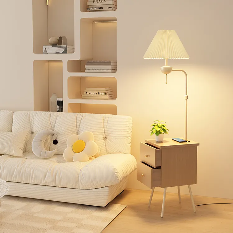 纯实木长方形中古风落地灯卧室高级沙发旁边几床头柜复古台灯一体