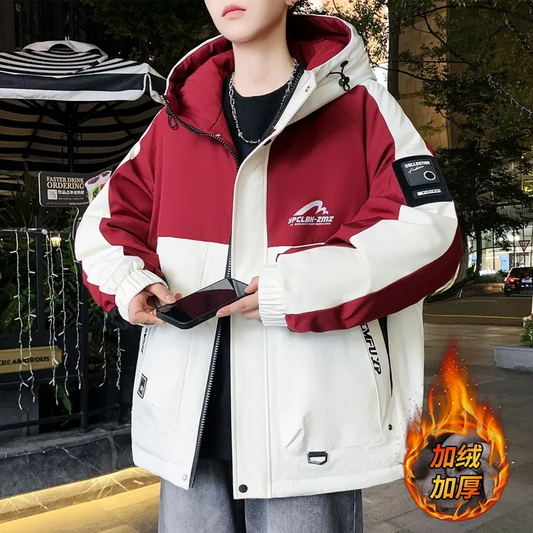 加绒外套男秋冬季2025新款美式撞色工装夹克青少年潮牌加厚冲锋衣