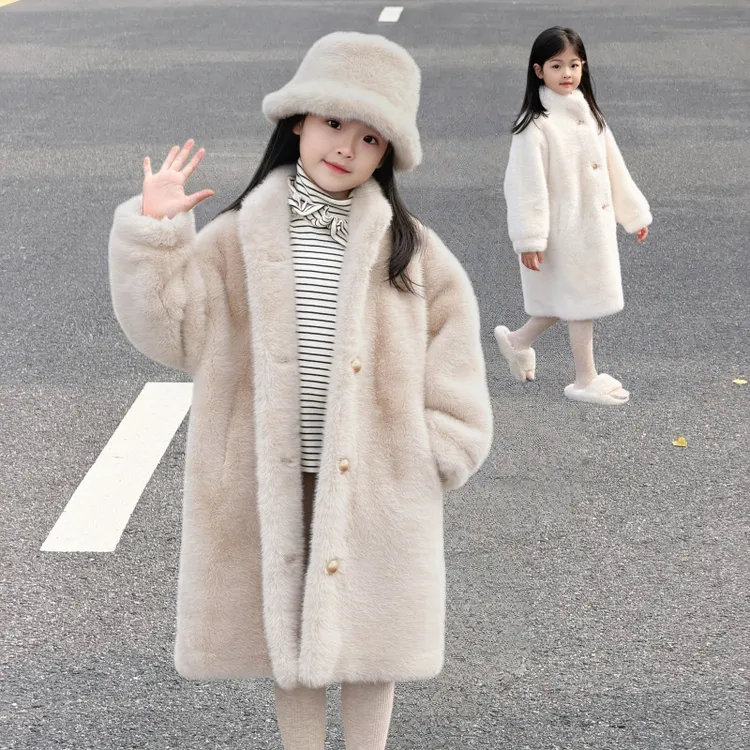 女童中长款环保水貂绒大衣儿童皮毛一体外套仿皮草毛毛冬季保暖