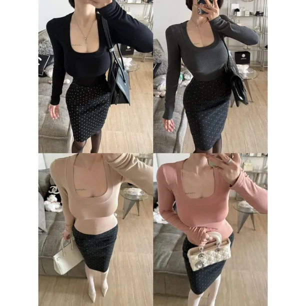 希野逸儿/温柔纯欲 四色U领薄绒打底衫女冬基础短款长袖上衣女