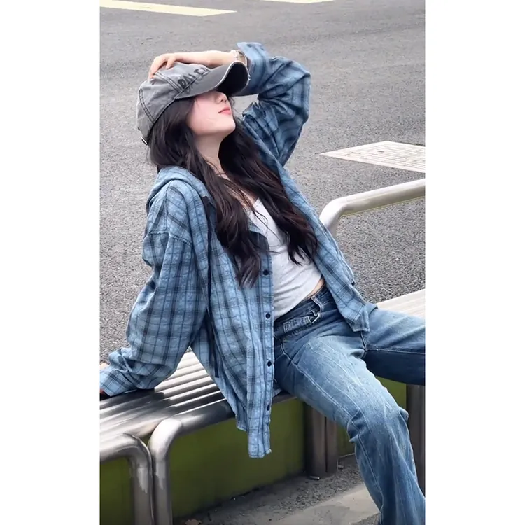 美式格纹防晒连帽衬衫男女2025夏季慵懒风防晒衬衣情侣长袖外套