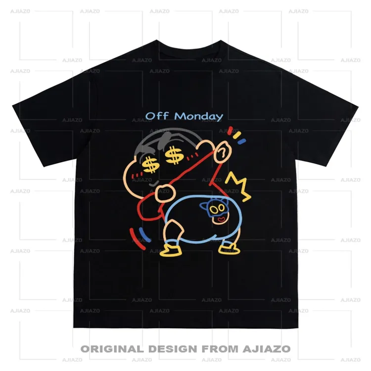 美式【指腚发财小新】印花短袖T恤 复古重磅男女同款宽松百搭上衣