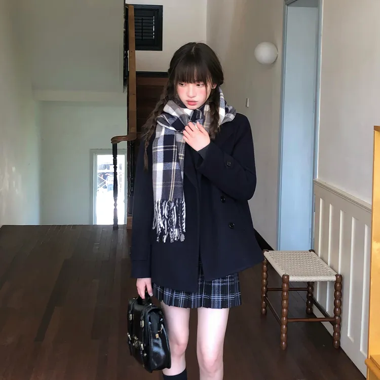 东京岁时记jk秋冬藏青色双排扣大衣小个子日系学院风西装领短外套