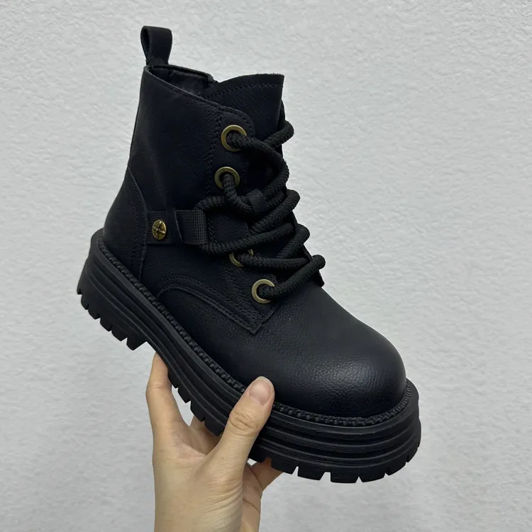 厚款系带系扣纯色低跟秋冬马丁靴加绒百搭