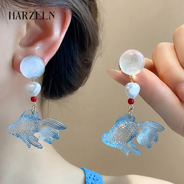 HARZELN超仙复古锦鲤耳坠多巴胺首饰蓝色夏日度假梦幻小众百搭