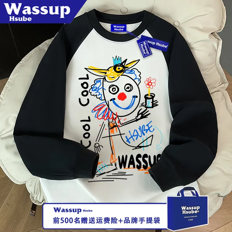 WASSUP HSUBE百搭休闲印花秋冬宽松简笔小人圆领潮流长袖情侣上衣
