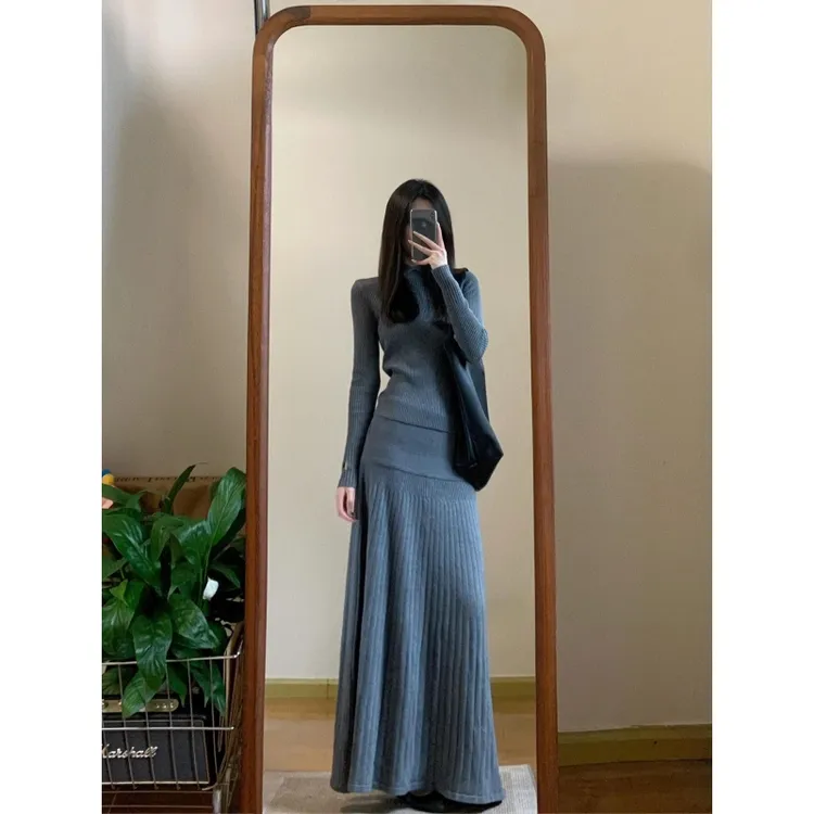 高级感灰色长袖针织衫女秋季设计感小众修身上衣半身长裙两件套装