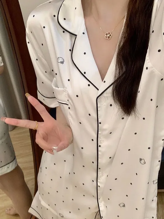 夏天睡衣女薄款冰丝短袖短裤ins卡通波点高级感家居服套装可外穿