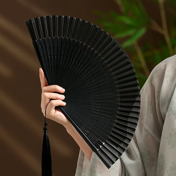 黑色真丝扇子折扇古风纯色女夏季旗袍汉服古典随身便携折叠舞蹈扇