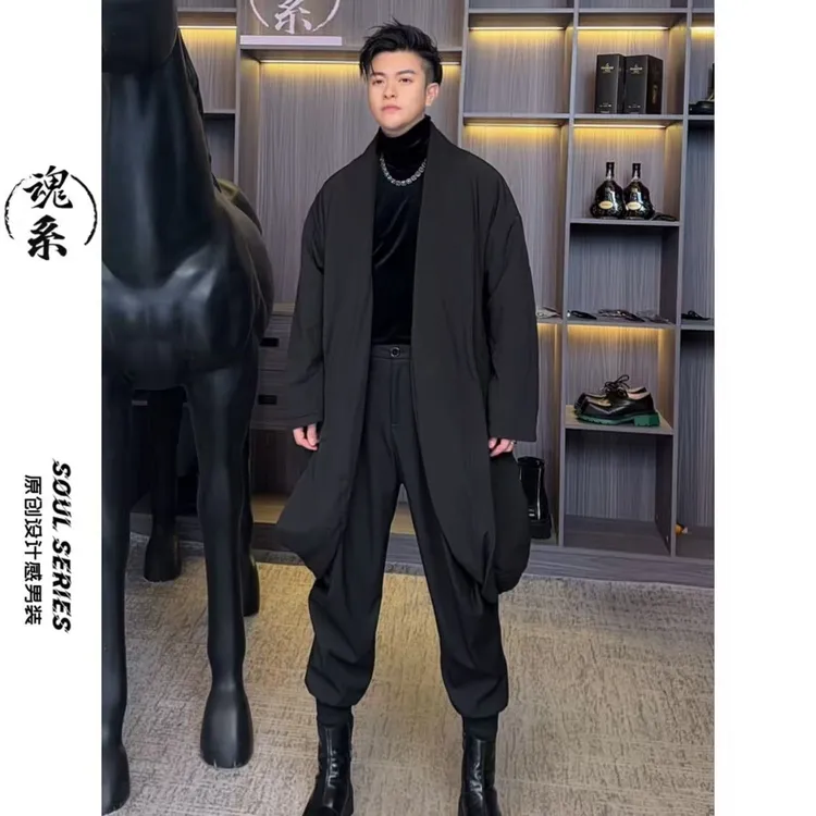 [魂系]秋冬黑色棉服大衣中长款个性山本暗黑风大版型风衣-2525