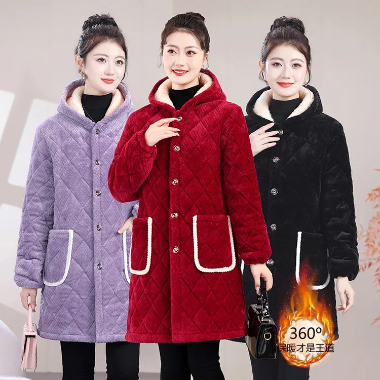 冬季中长款棉服女加绒加厚棉衣妈妈装厚款洋气连帽罩衣女保暖棉袄