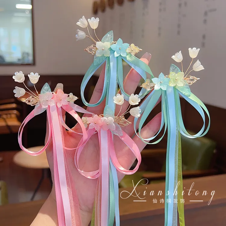 儿童发夹女2025新款汉服女童头饰飘带流苏花朵发卡侧边夹古风发饰