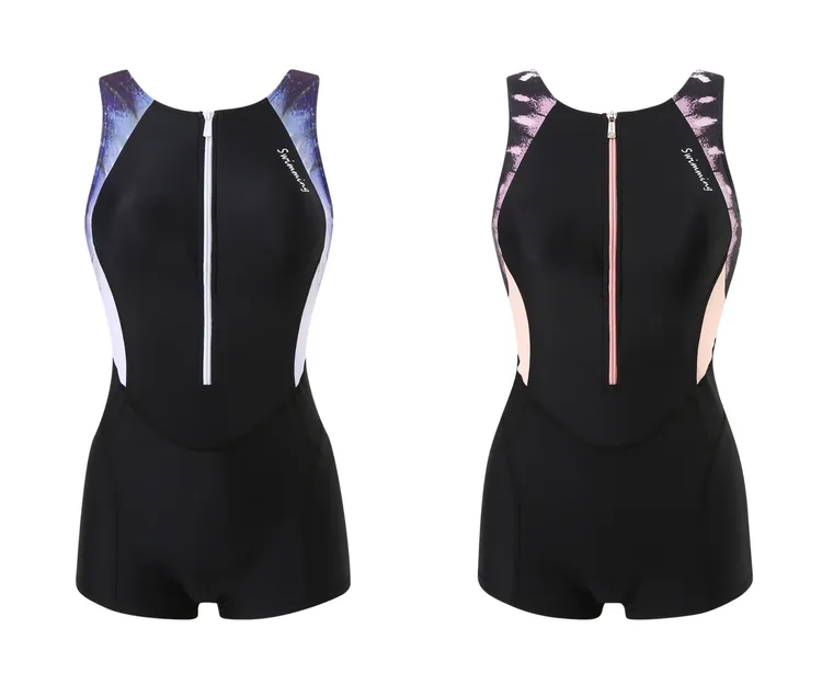 运动风蝶羽女款连体平角泳衣前拉链收腰平腹固定胸垫竞速游泳运动