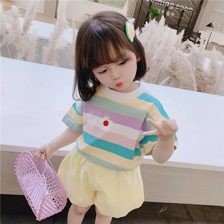 女童夏装T恤2025新款小雏菊条纹短袖宝宝夏季洋气半