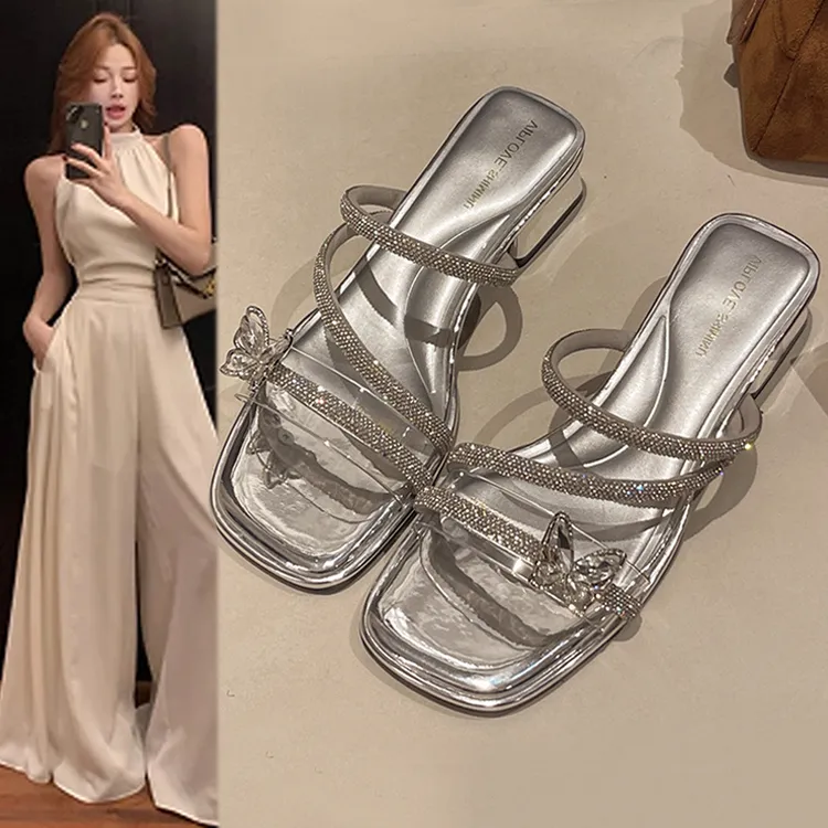银色水钻凉拖鞋女夏2025新款配裙子粗跟露趾蝴蝶结仙女水晶高跟鞋