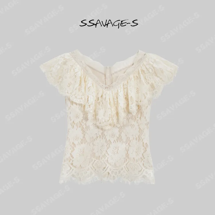 SSAVAGE“花漾蕾丝”米白V领荷叶边蕾丝上衣SS91186