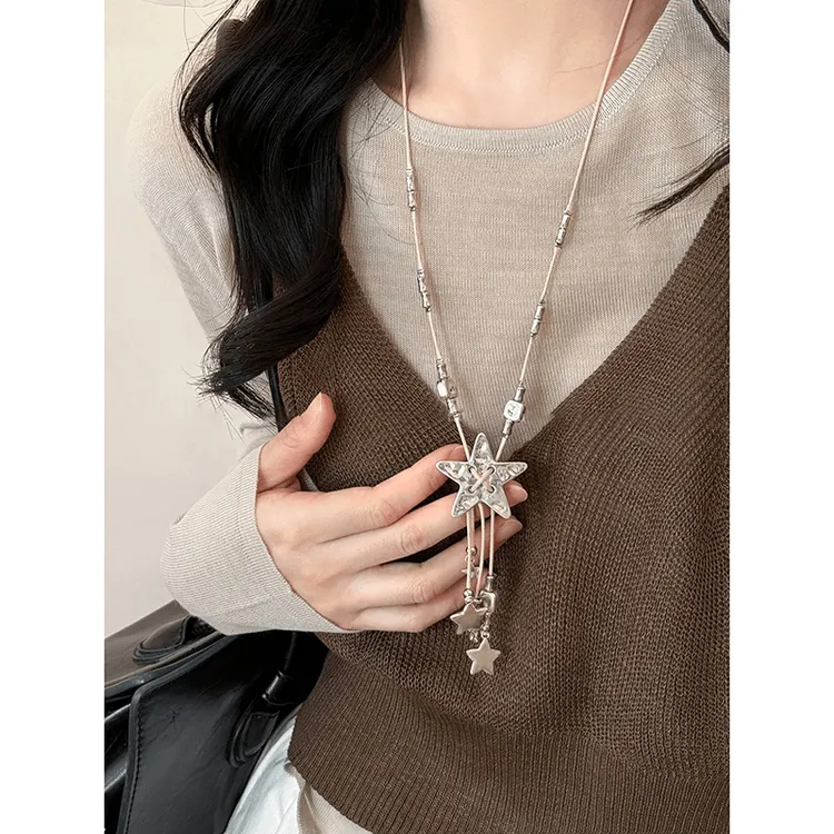 合金项链 甜酷星星流苏长款项链设计个性毛衣链复古做旧挂脖配饰