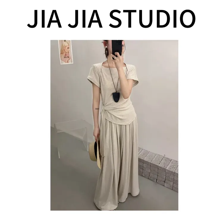 【嘉嘉推荐】#6423 夏季新款 慵懒风绑带短袖上衣+阔腿裤两件套